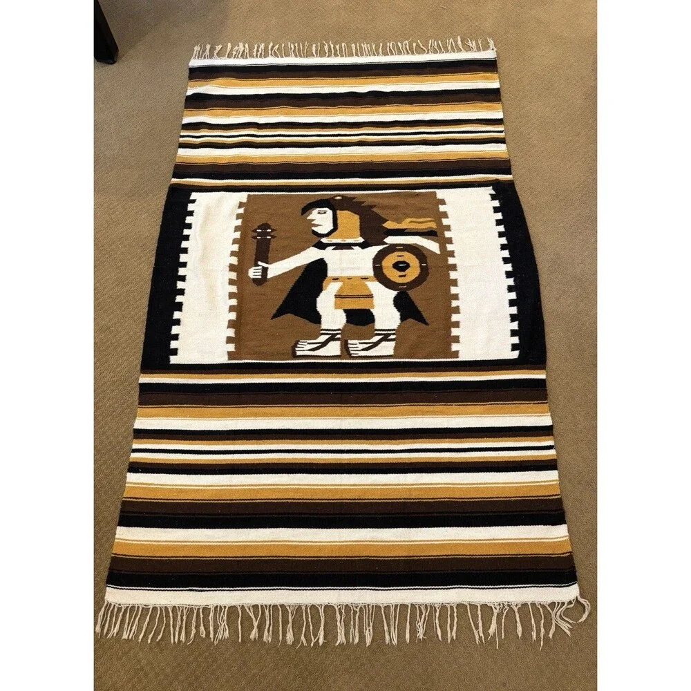 VTG 70s Handwoven Zapotec Oaxaca Eagle Warrior Rug Wool Cotton